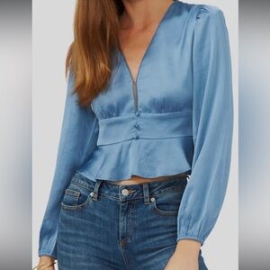 1.State Women Blue Long Sleeve V-neck Button Front Peplum Top Size M